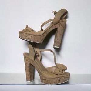 Cork Platform Shoes w/ Bow and Mary Jane Closure Strap Tan White High Heels 8.5